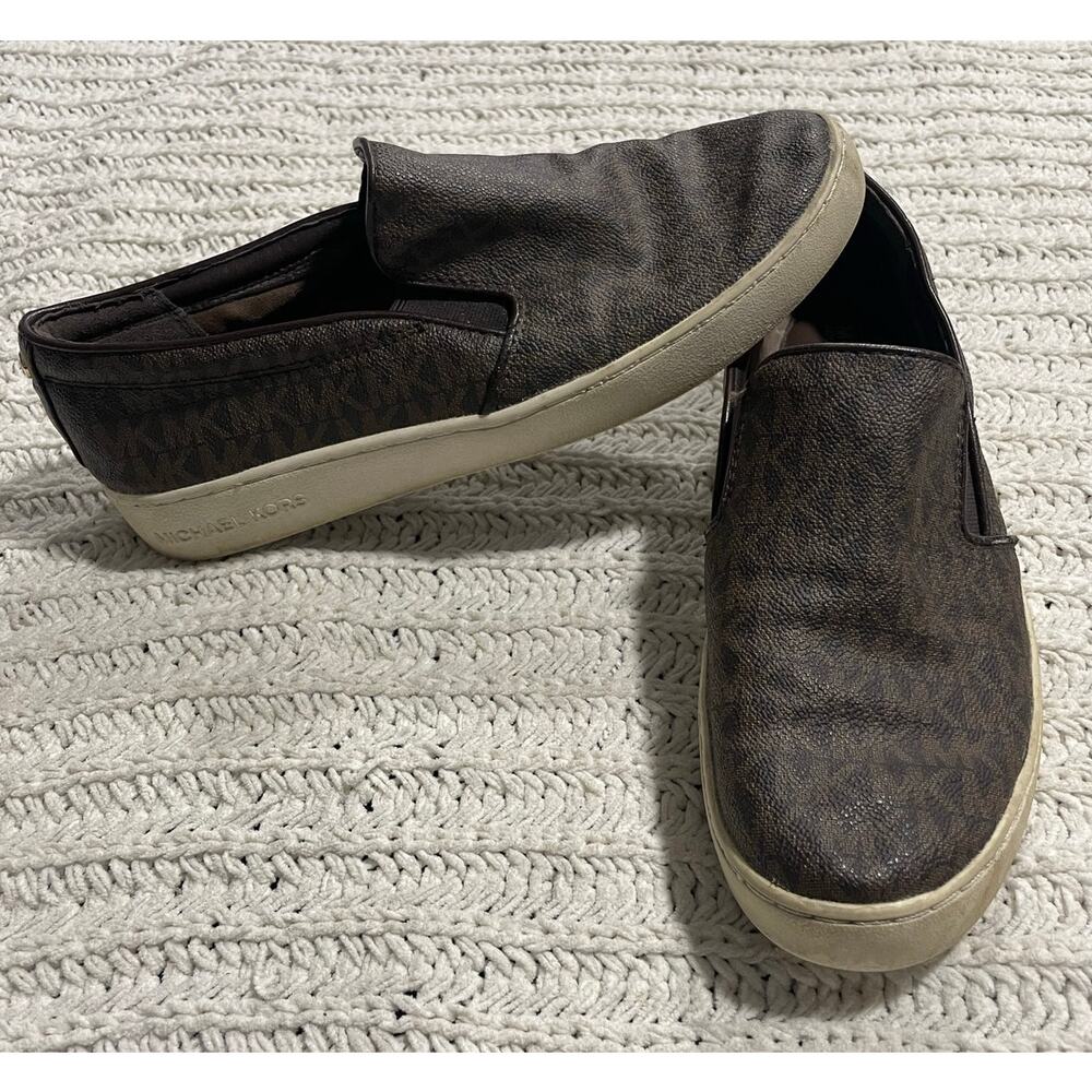 Michael Kors Keaton Slip On Signature Logo Shoes Womens Sz 9 M EU 40 HL17G Brown